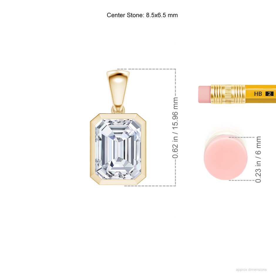 8.5x6.5mm FGVS Lab-Grown Bezel-Set Emerald-Cut Diamond Solitaire Pendant in 18K Yellow Gold ruler