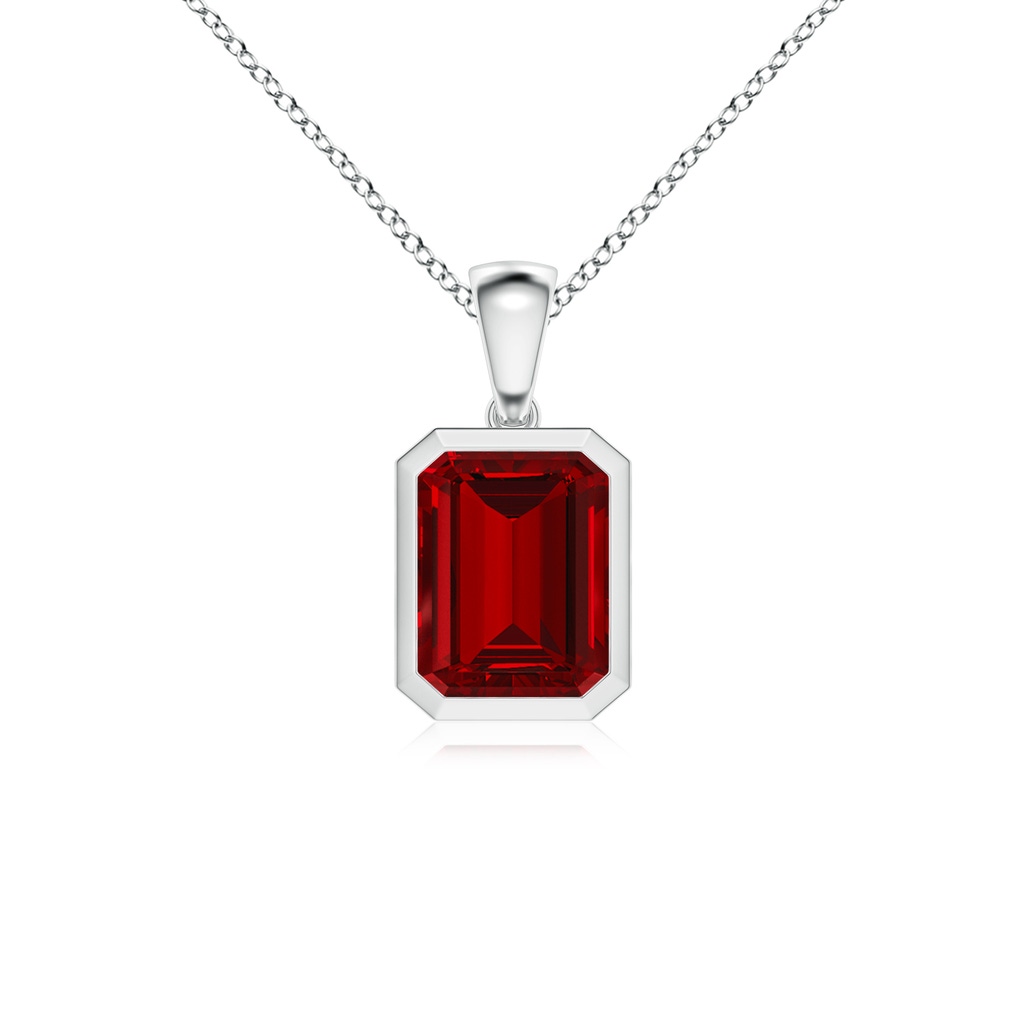 9x7mm Labgrown Lab-Grown Bezel-Set Emerald-Cut Ruby Solitaire Pendant in White Gold