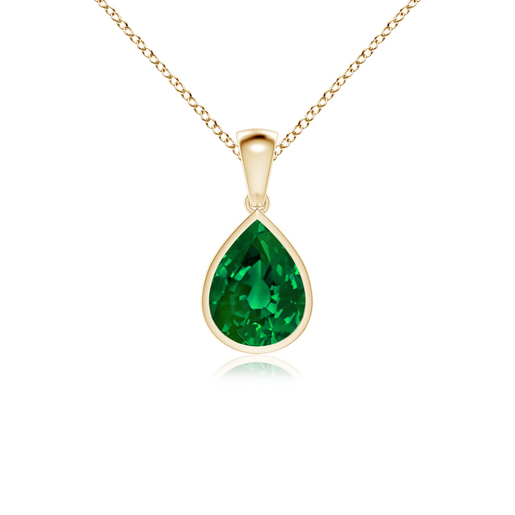 10x8mm Labgrown Bezel-Set Pear Lab-Grown Emerald Solitaire Pendant in Yellow Gold