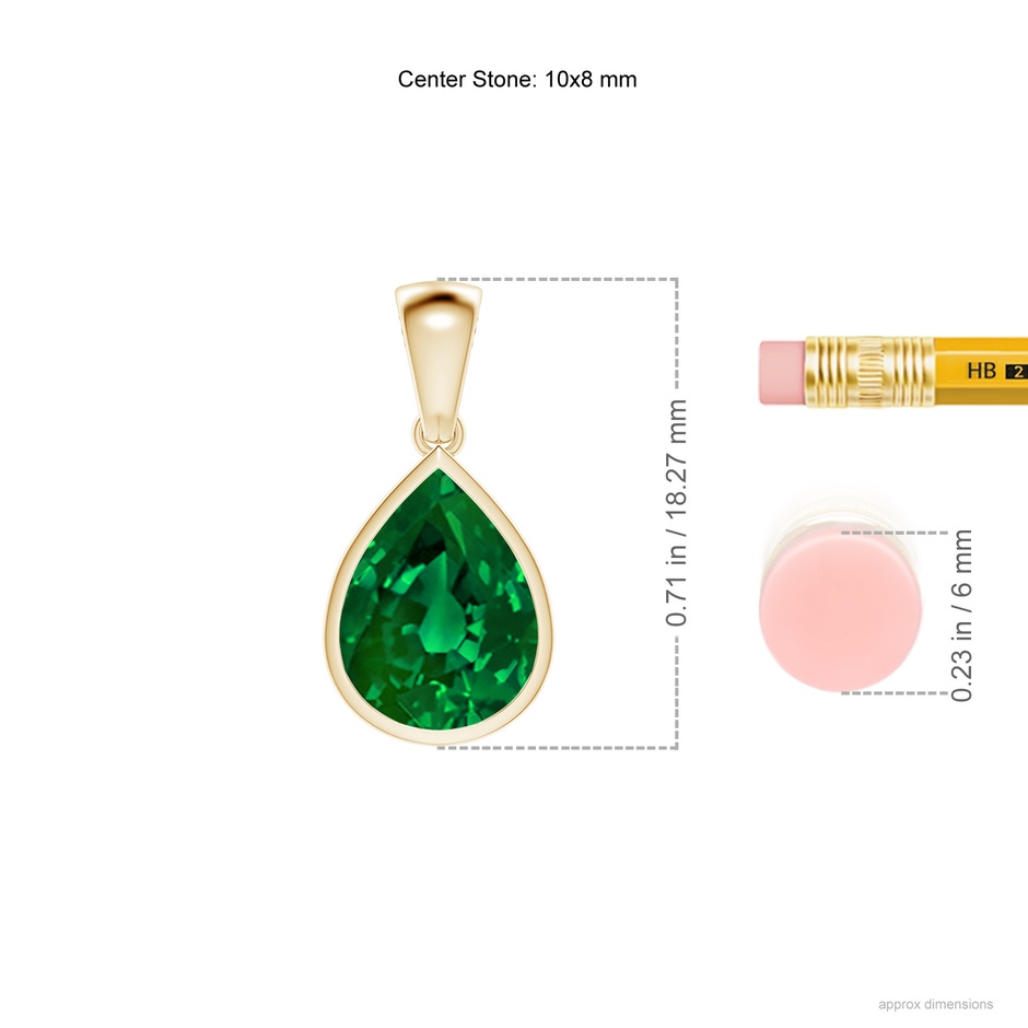 10x8mm Labgrown Bezel-Set Pear Lab-Grown Emerald Solitaire Pendant in Yellow Gold ruler