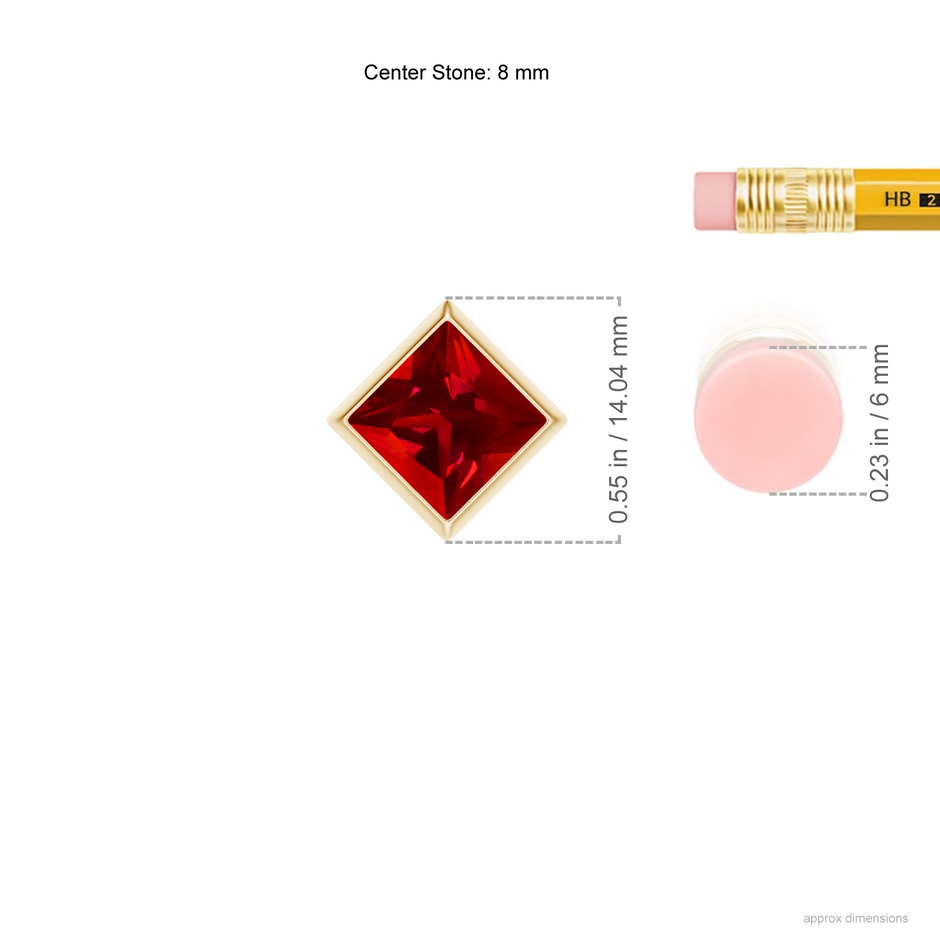 8mm Labgrown Bezel-Set Square Lab-Grown Ruby Solitaire Pendant in Yellow Gold ruler