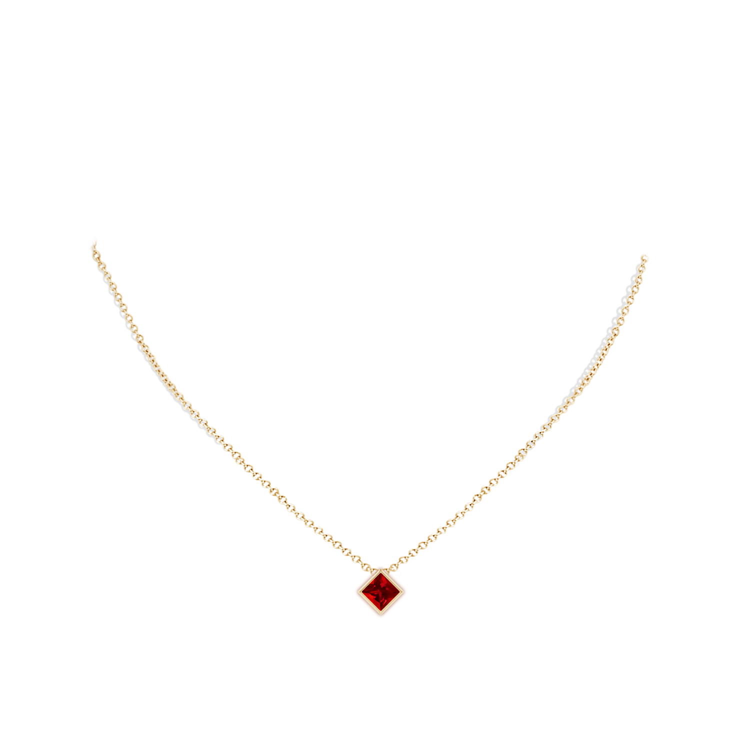 8mm Labgrown Bezel-Set Square Lab-Grown Ruby Solitaire Pendant in Yellow Gold - body_neck