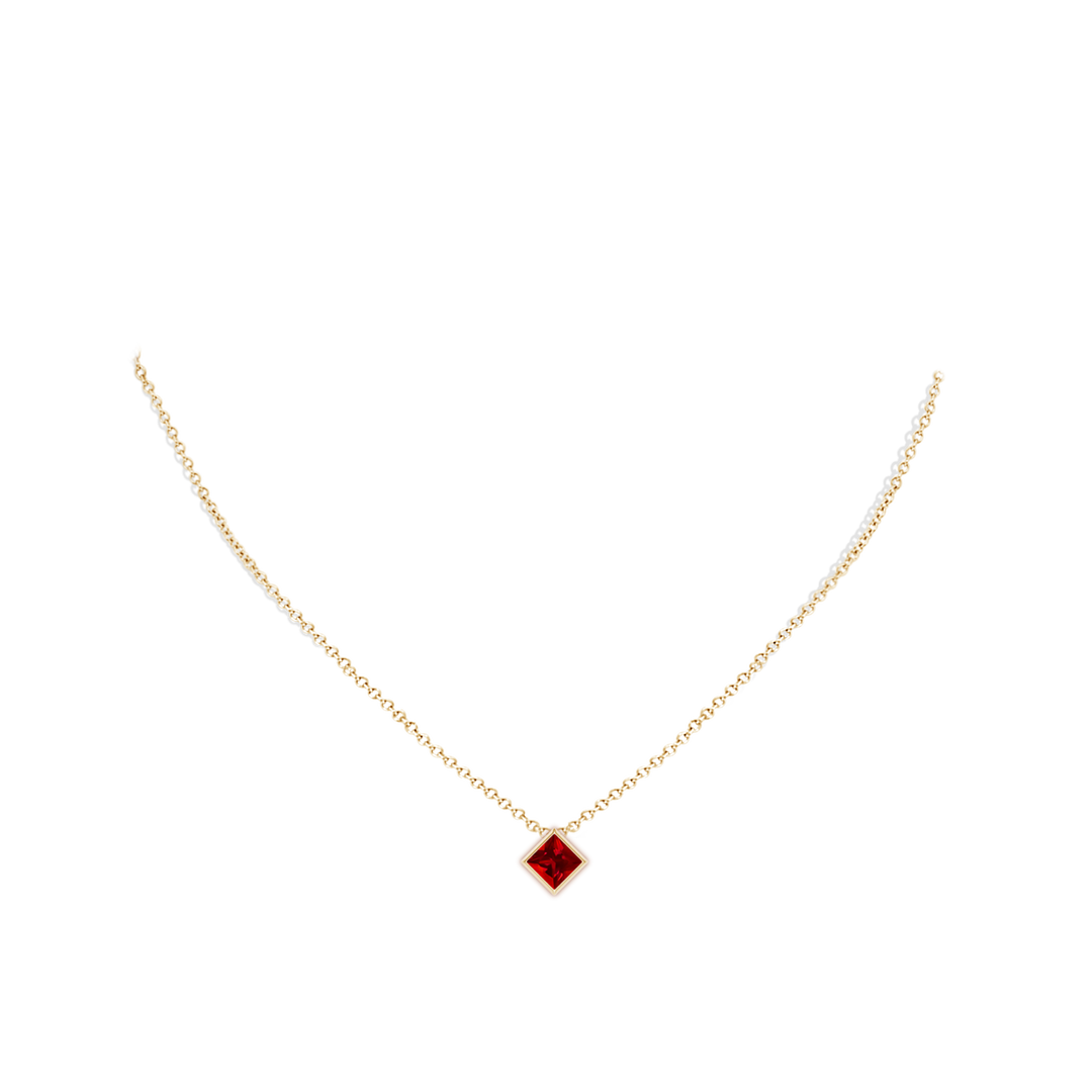 8mm Labgrown Bezel-Set Square Lab-Grown Ruby Solitaire Pendant in Yellow Gold - body_neck
