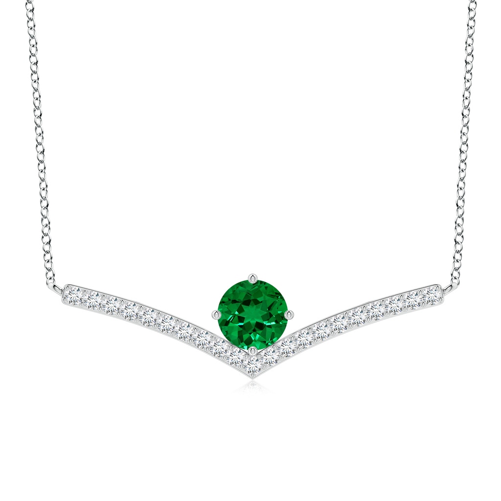 7mm Labgrown Round Lab-Grown Emerald Chevron Necklace with Diamond Accents in 18K White Gold