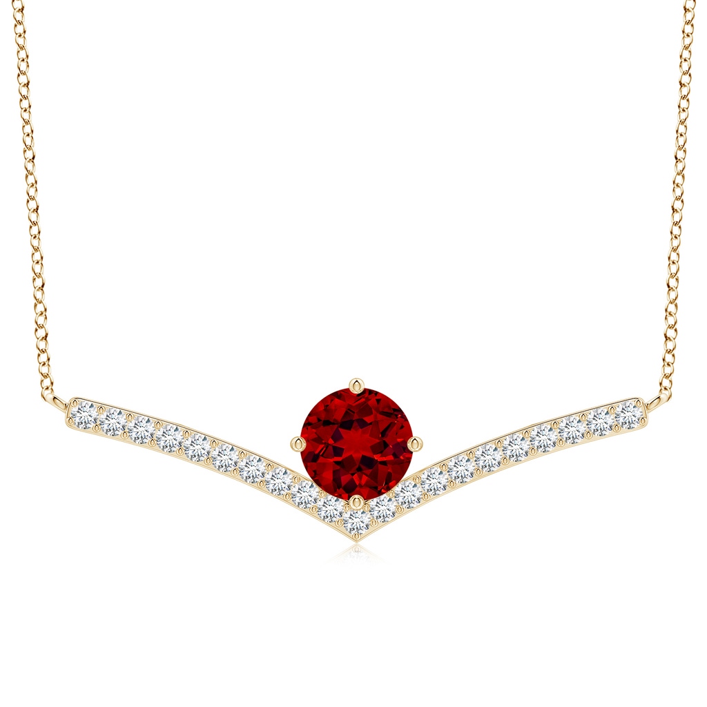 8mm Labgrown Round Lab-Grown Ruby Chevron Necklace with Diamond Accents in Yellow Gold