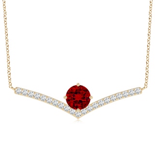 8mm Labgrown Round Lab-Grown Ruby Chevron Necklace with Diamond Accents in Yellow Gold