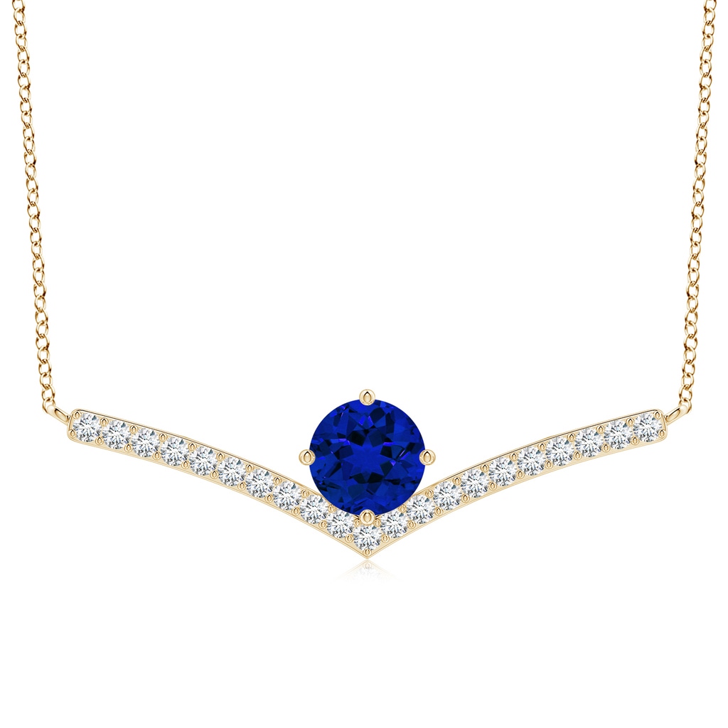 8mm Labgrown Round Lab-Grown Blue Sapphire Chevron Necklace with Diamond Accents in Yellow Gold