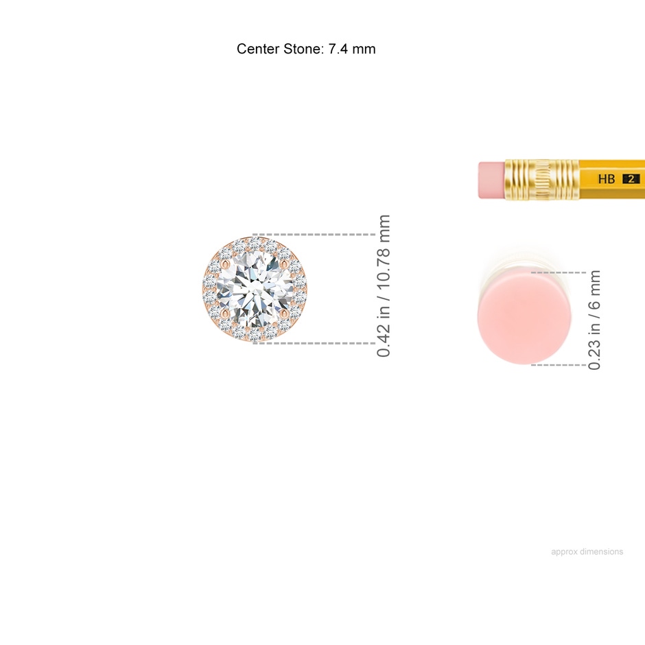 7.4mm FGVS Vintage Inspired Round Lab-Grown Diamond Halo Pendant in Rose Gold ruler