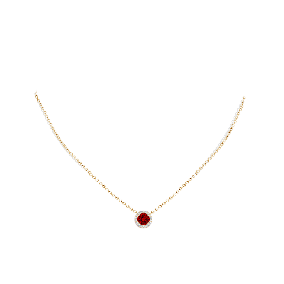 7mm Labgrown Vintage Inspired Round Lab-Grown Ruby Halo Pendant in Yellow Gold pen