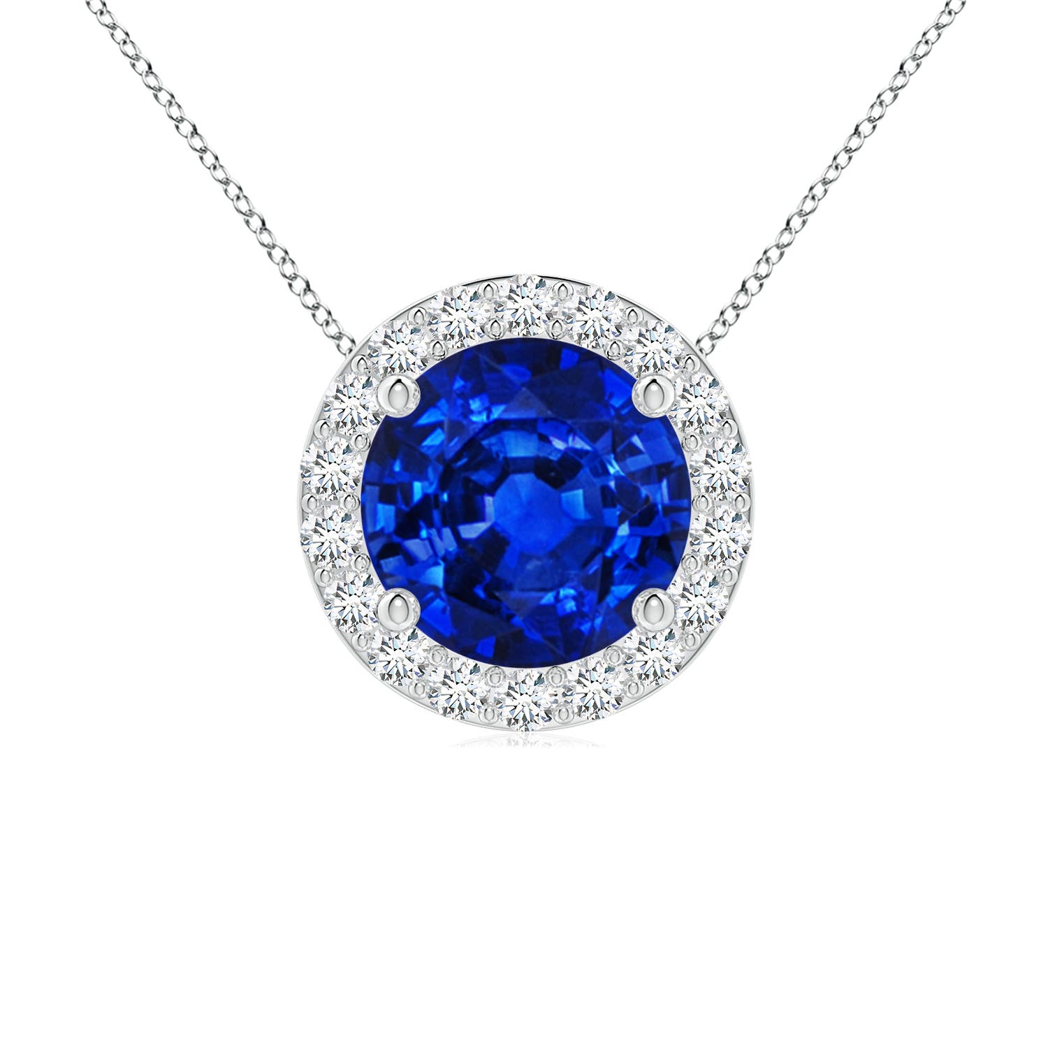 7mm Labgrown Vintage Inspired Round Lab-Grown Blue Sapphire Halo Pendant in 18K White Gold