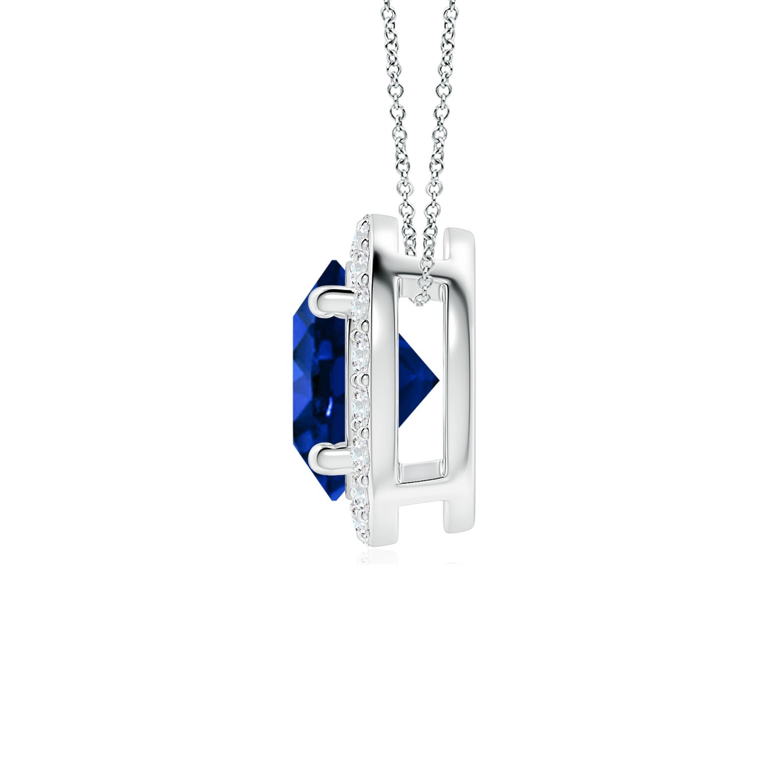 7mm Labgrown Vintage Inspired Round Lab-Grown Blue Sapphire Halo Pendant in 18K White Gold