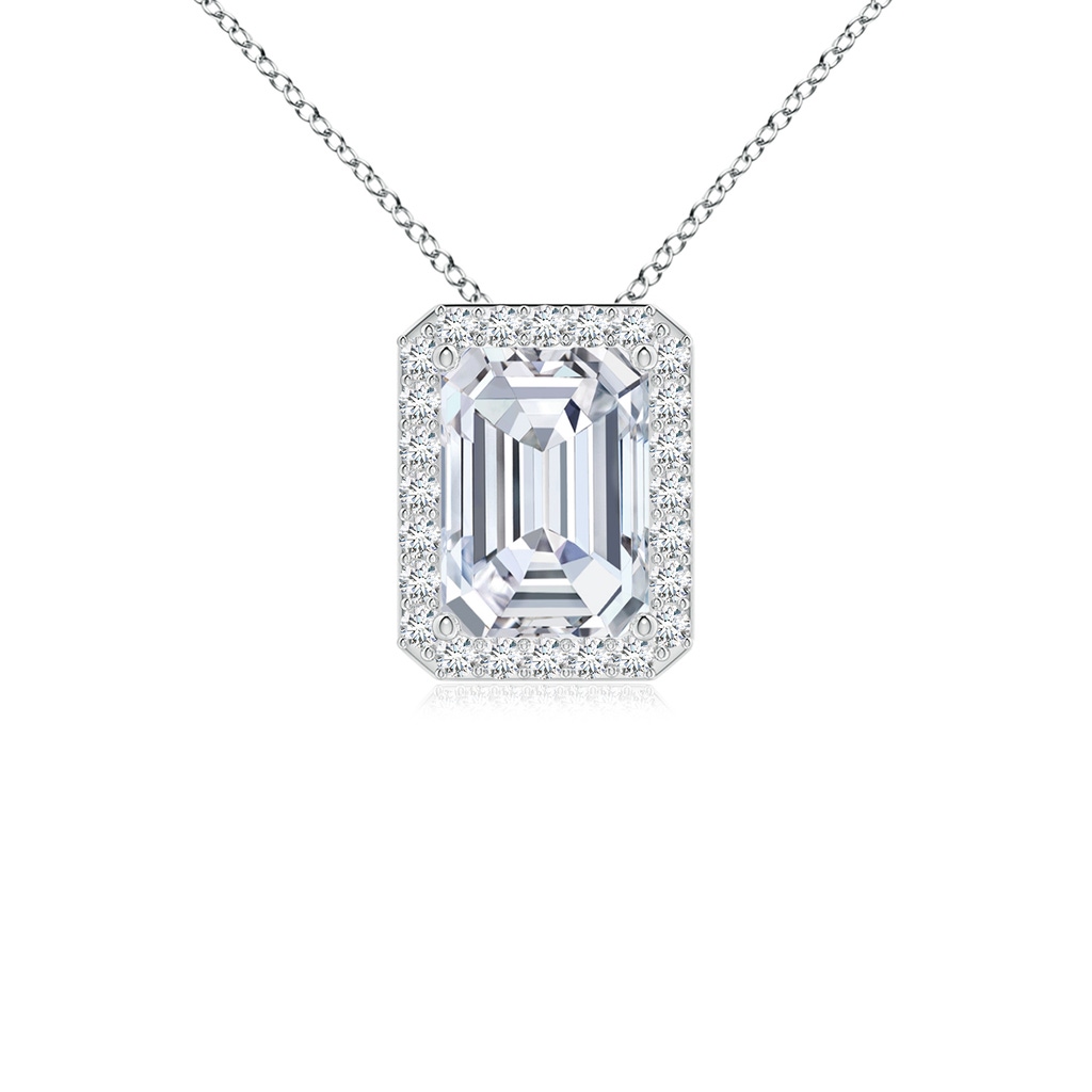 7x5mm FGVS Vintage Inspired Emerald-Cut Lab-Grown Diamond Halo Pendant in White Gold