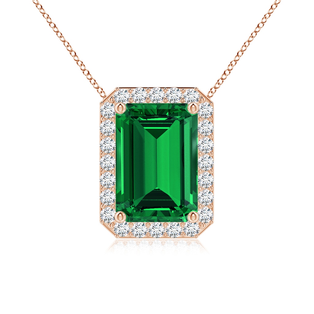 10x8mm Labgrown Vintage Inspired Emerald-Cut Lab-Grown Emerald Halo Pendant in Rose Gold