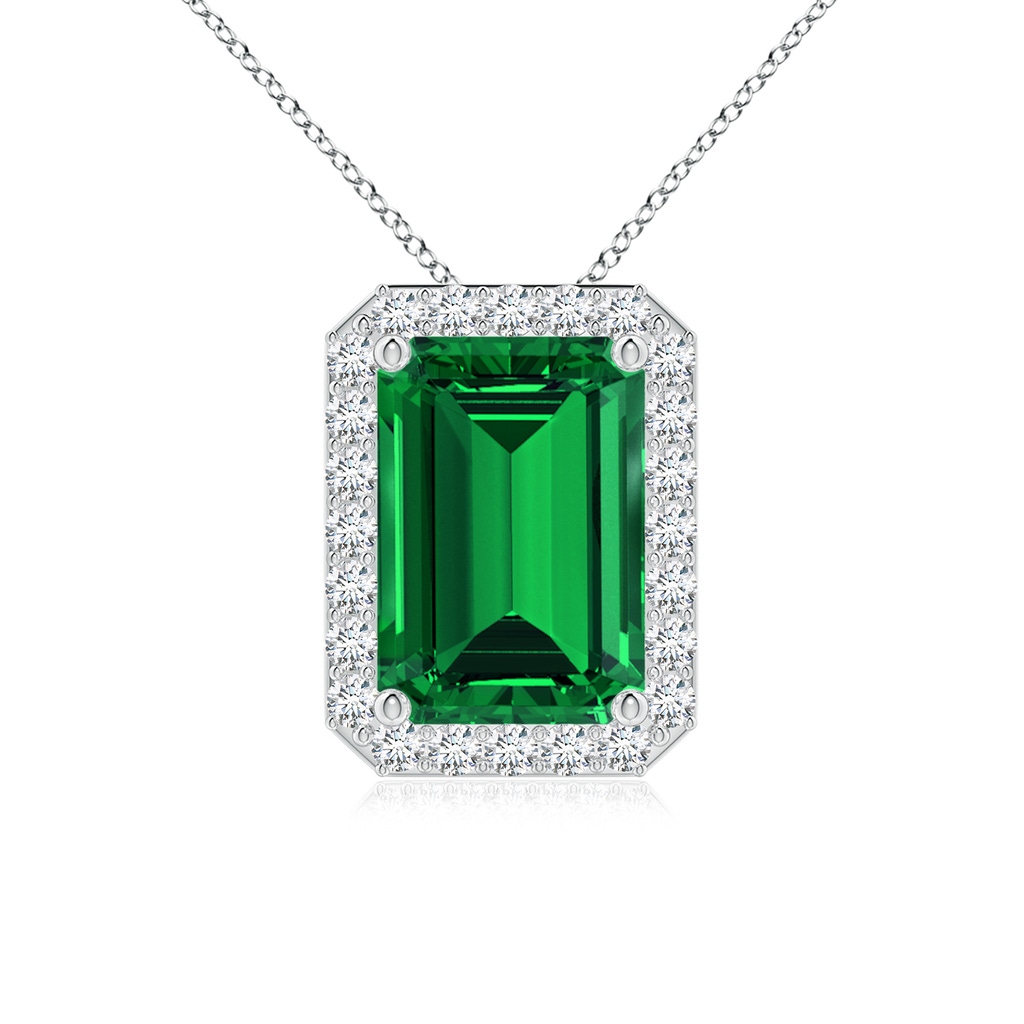 10x8mm Labgrown Vintage Inspired Emerald-Cut Lab-Grown Emerald Halo Pendant in White Gold 