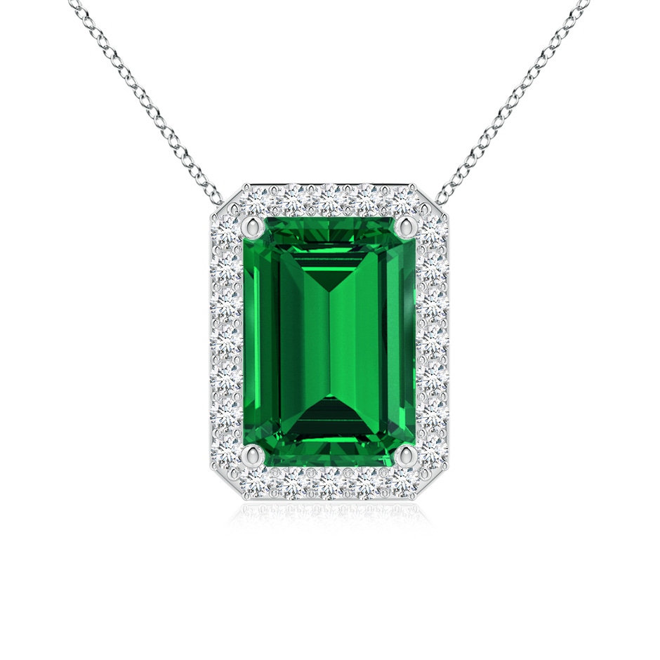 10x8mm Labgrown Vintage Inspired Emerald-Cut Lab-Grown Emerald Halo Pendant in White Gold 