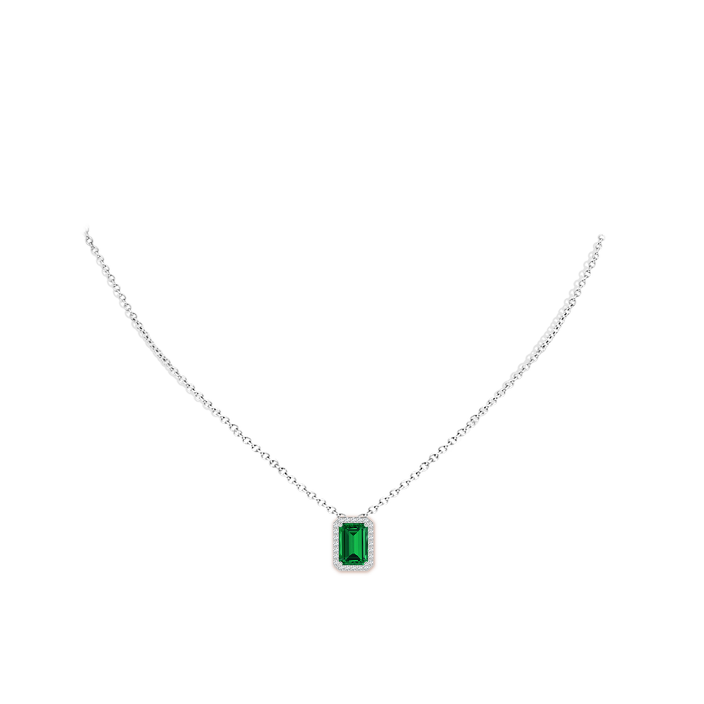 10x8mm Labgrown Vintage Inspired Emerald-Cut Lab-Grown Emerald Halo Pendant in White Gold pen