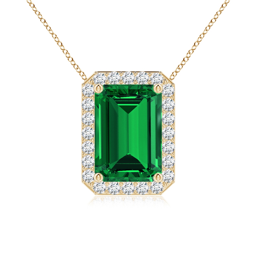 10x8mm Labgrown Vintage Inspired Emerald-Cut Lab-Grown Emerald Halo Pendant in Yellow Gold