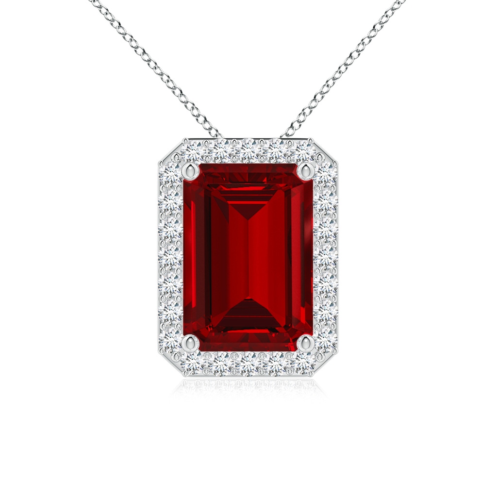 10x8mm Labgrown Vintage Inspired Emerald-Cut Lab-Grown Ruby Halo Pendant in White Gold