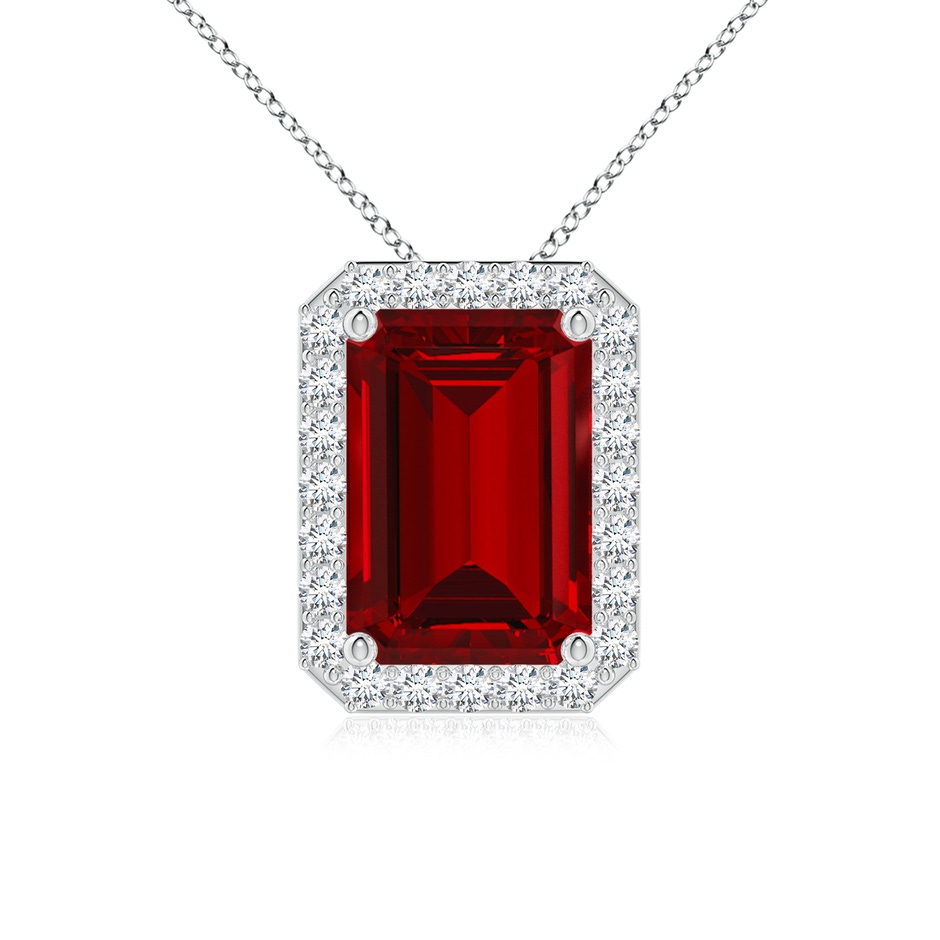 10x8mm Labgrown Vintage Inspired Emerald-Cut Lab-Grown Ruby Halo Pendant in White Gold 