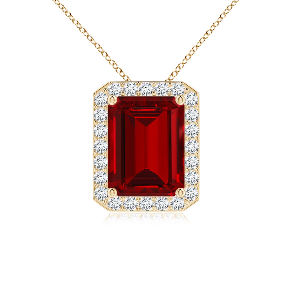 9x7mm Labgrown Vintage Inspired Emerald-Cut Lab-Grown Ruby Halo Pendant in Yellow Gold