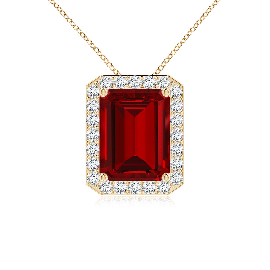 9x7mm Labgrown Vintage Inspired Emerald-Cut Lab-Grown Ruby Halo Pendant in Yellow Gold 