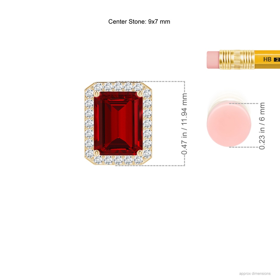 9x7mm Labgrown Vintage Inspired Emerald-Cut Lab-Grown Ruby Halo Pendant in Yellow Gold ruler