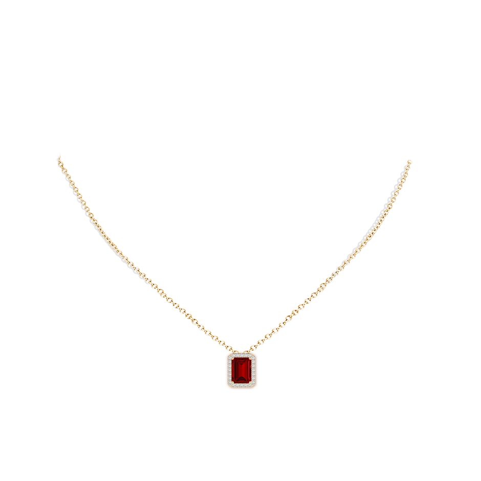 9x7mm Labgrown Vintage Inspired Emerald-Cut Lab-Grown Ruby Halo Pendant in Yellow Gold pen