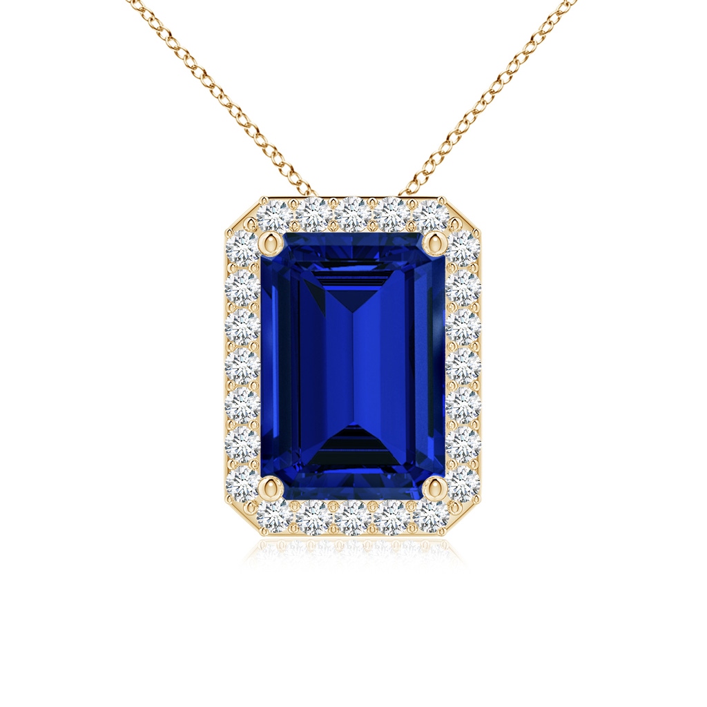 10x8mm Labgrown Vintage Inspired Emerald-Cut Lab-Grown Blue Sapphire Halo Pendant in Yellow Gold