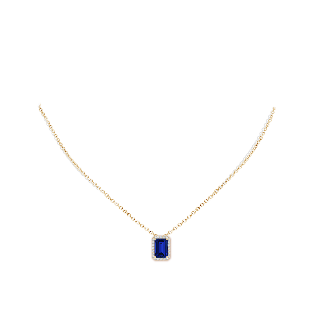 10x8mm Labgrown Vintage Inspired Emerald-Cut Lab-Grown Blue Sapphire Halo Pendant in Yellow Gold pen