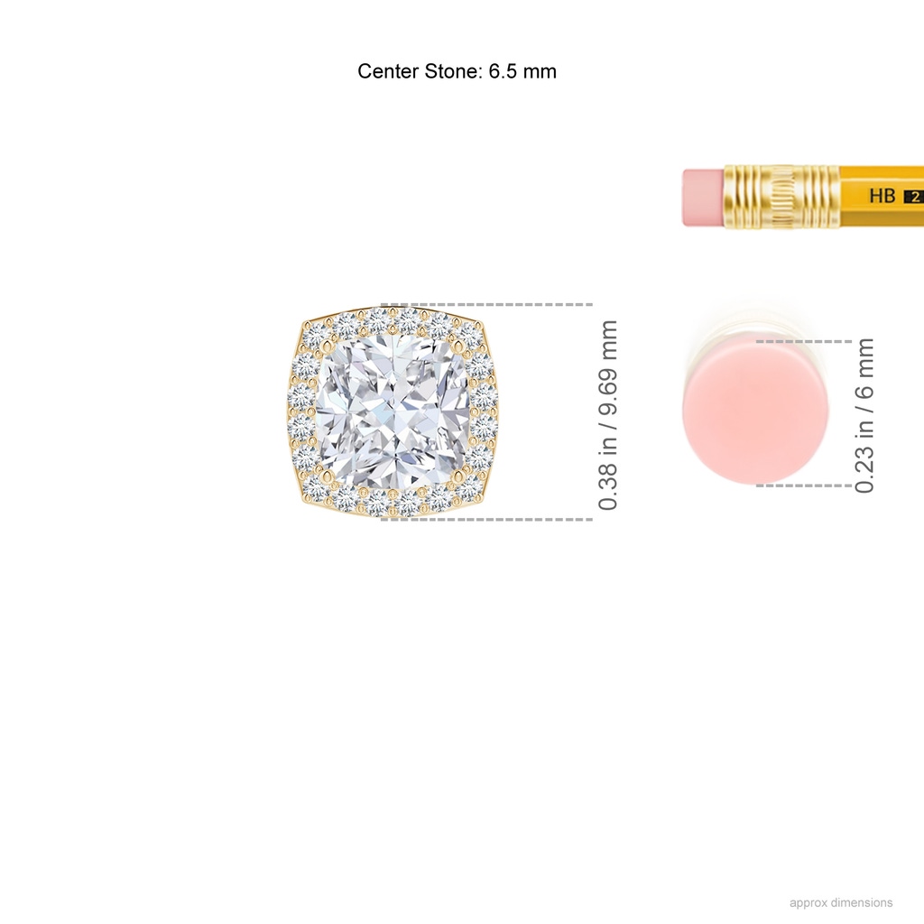 6.5mm FGVS Vintage Inspired Cushion Lab-Grown Diamond Halo Pendant in Yellow Gold ruler