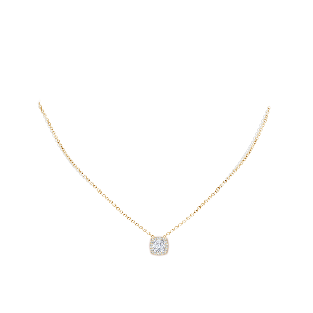6.5mm FGVS Vintage Inspired Cushion Lab-Grown Diamond Halo Pendant in Yellow Gold pen
