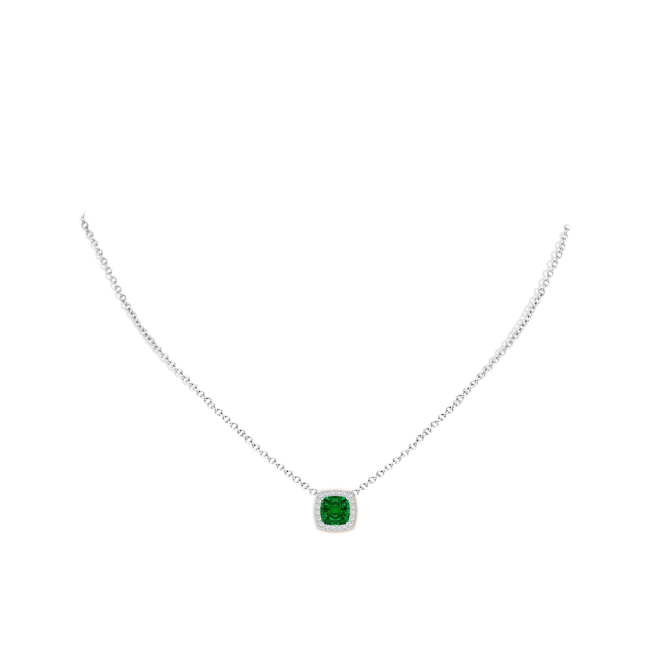 7mm Labgrown Vintage Inspired Cushion Lab-Grown Emerald Halo Pendant in White Gold pen