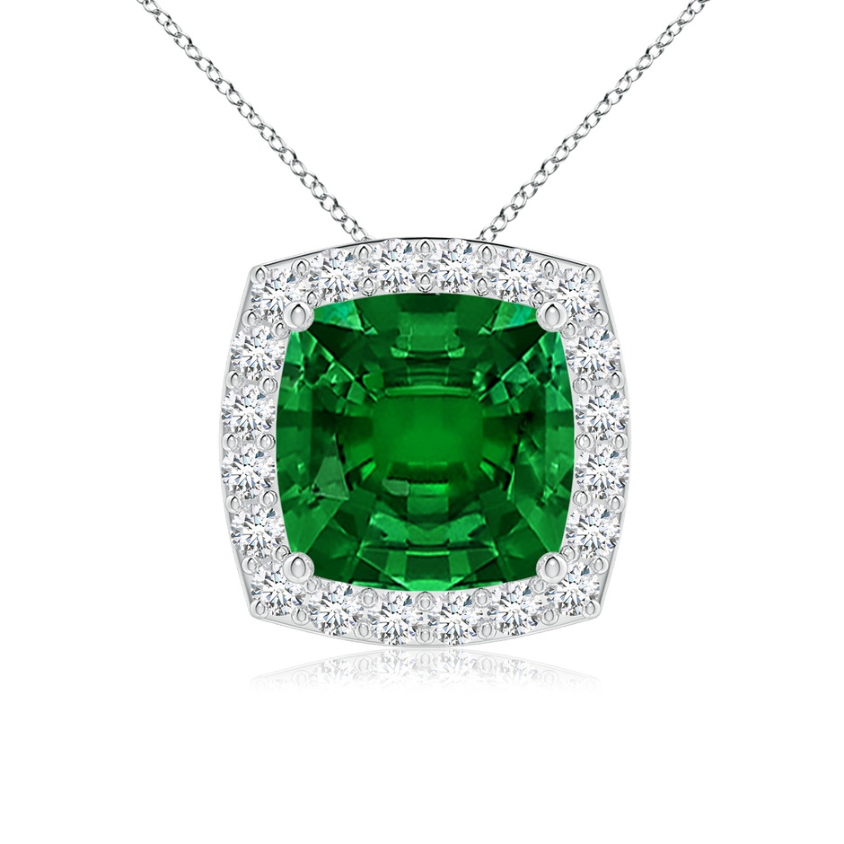 8mm Labgrown Vintage Inspired Cushion Lab-Grown Emerald Halo Pendant in White Gold 