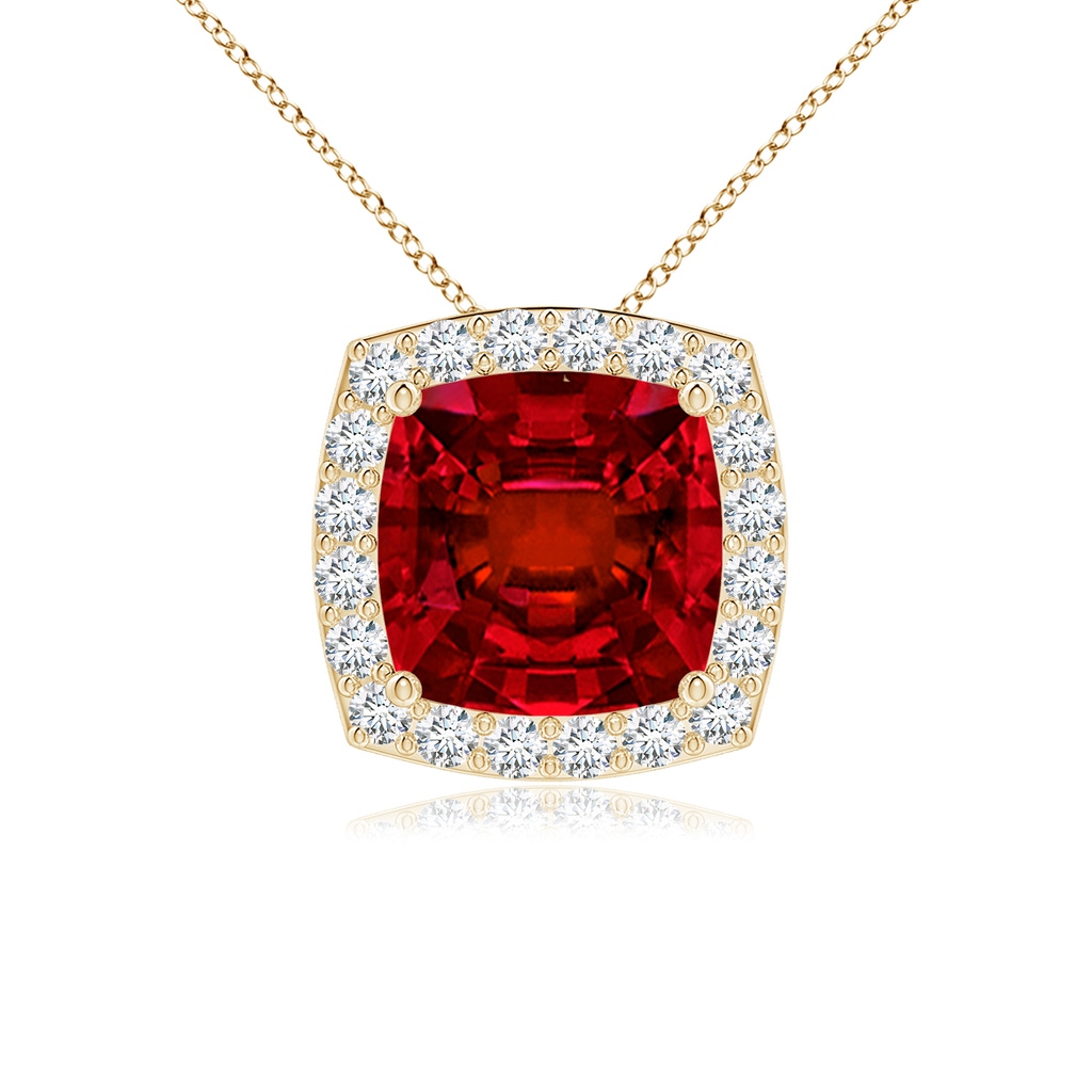 7mm Labgrown Vintage Inspired Cushion Lab-Grown Ruby Halo Pendant in Yellow Gold