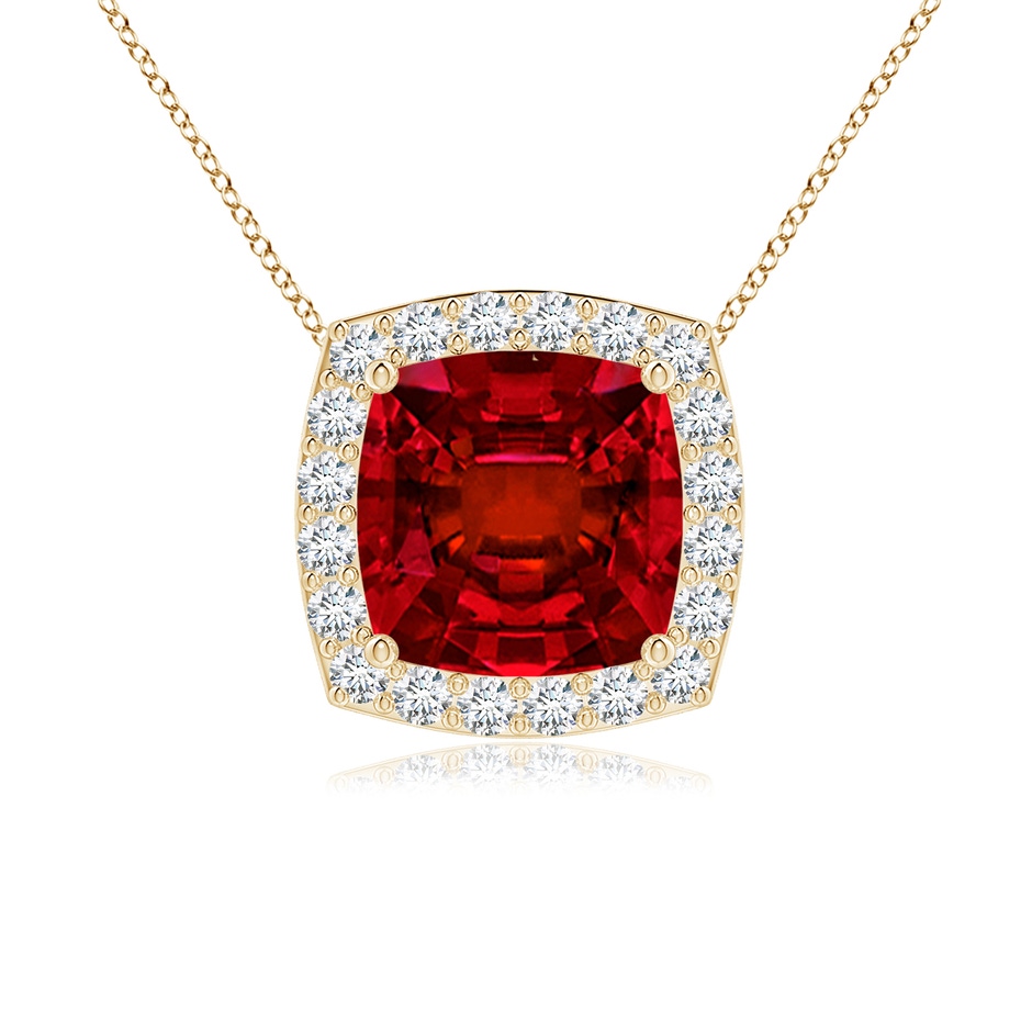 7mm Labgrown Vintage Inspired Cushion Lab-Grown Ruby Halo Pendant in Yellow Gold 