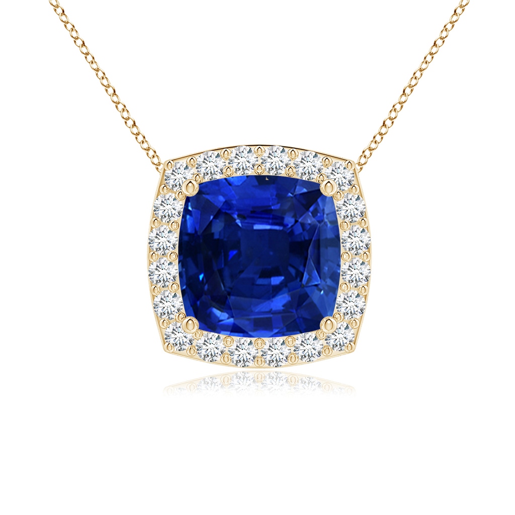 7mm Labgrown Vintage Inspired Cushion Lab-Grown Blue Sapphire Halo Pendant in Yellow Gold