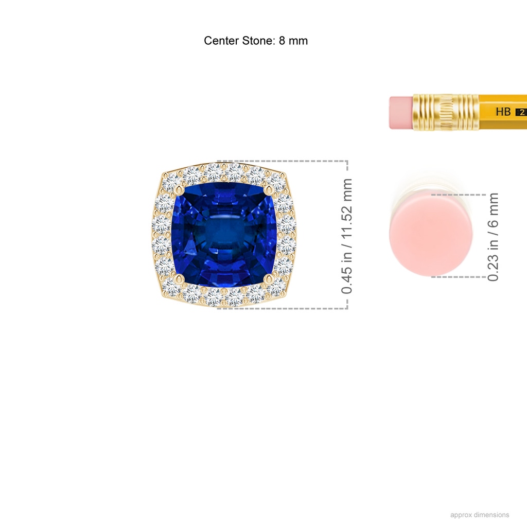8mm Labgrown Vintage Inspired Cushion Lab-Grown Blue Sapphire Halo Pendant in Yellow Gold ruler