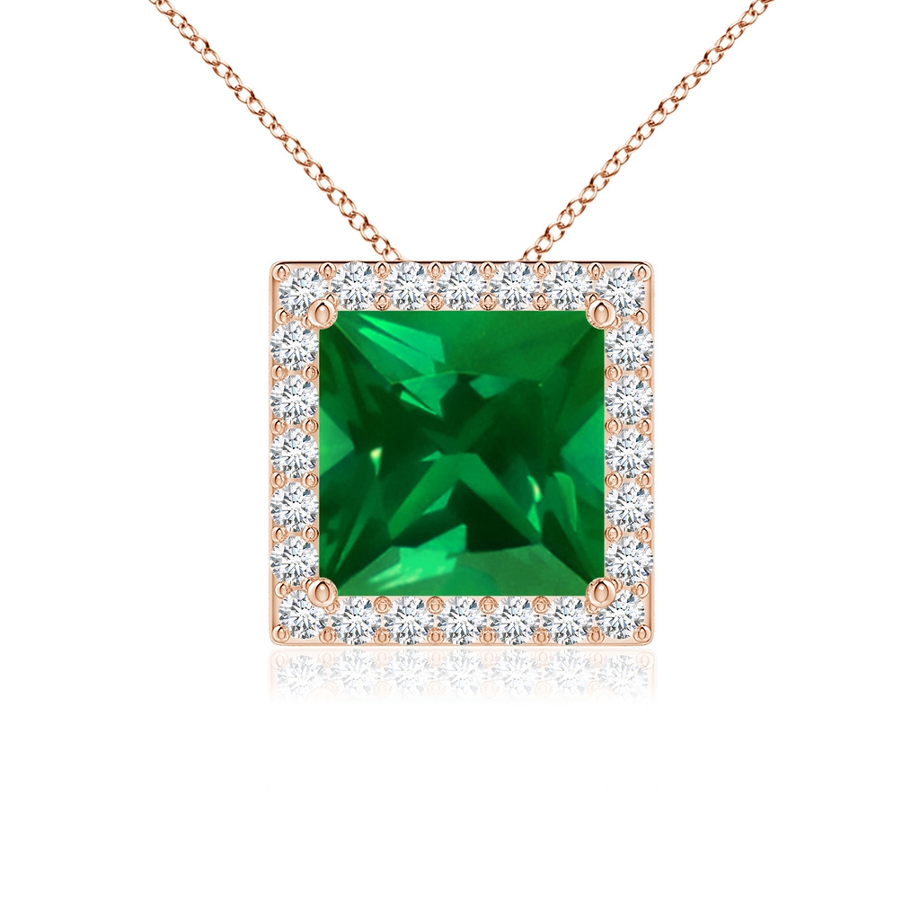 7mm Labgrown Vintage Inspired Square Lab-Grown Emerald Halo Pendant in Rose Gold