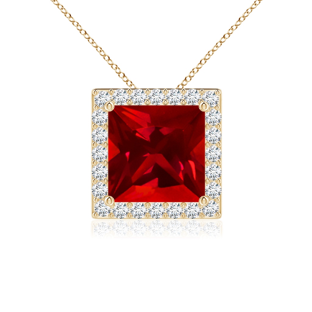 7mm Labgrown Vintage Inspired Square Lab-Grown Ruby Halo Pendant in Yellow Gold