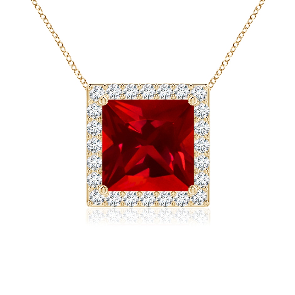 7mm Labgrown Vintage Inspired Square Lab-Grown Ruby Halo Pendant in Yellow Gold 