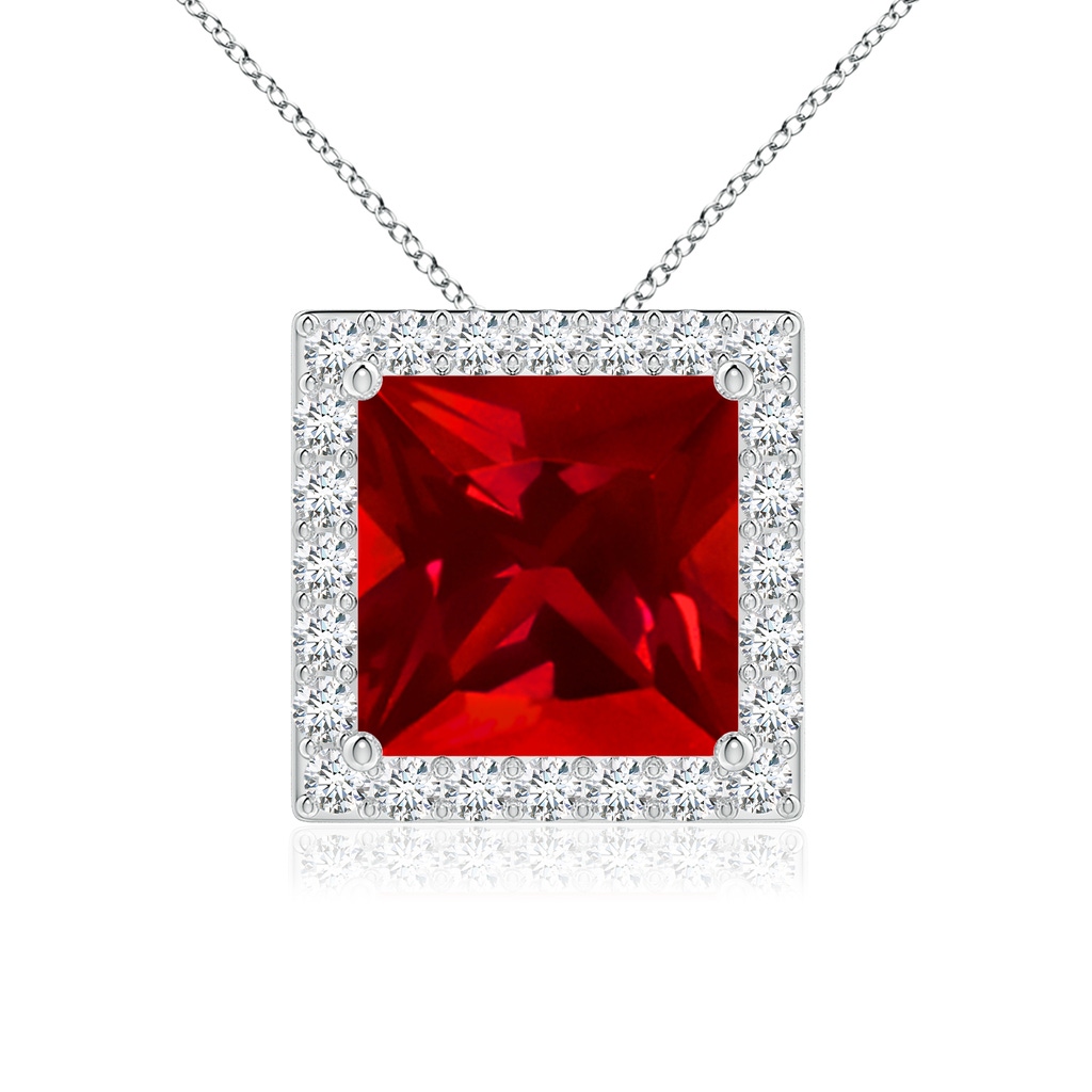 8mm Labgrown Vintage Inspired Square Lab-Grown Ruby Halo Pendant in White Gold 