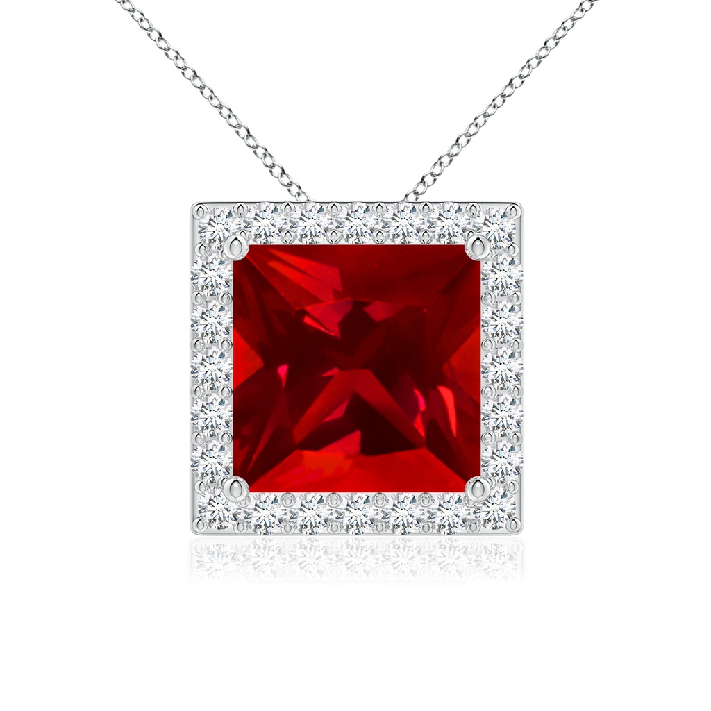 8mm Labgrown Vintage Inspired Square Lab-Grown Ruby Halo Pendant in White Gold