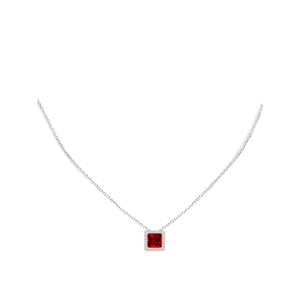 8mm Labgrown Vintage Inspired Square Lab-Grown Ruby Halo Pendant in White Gold pen