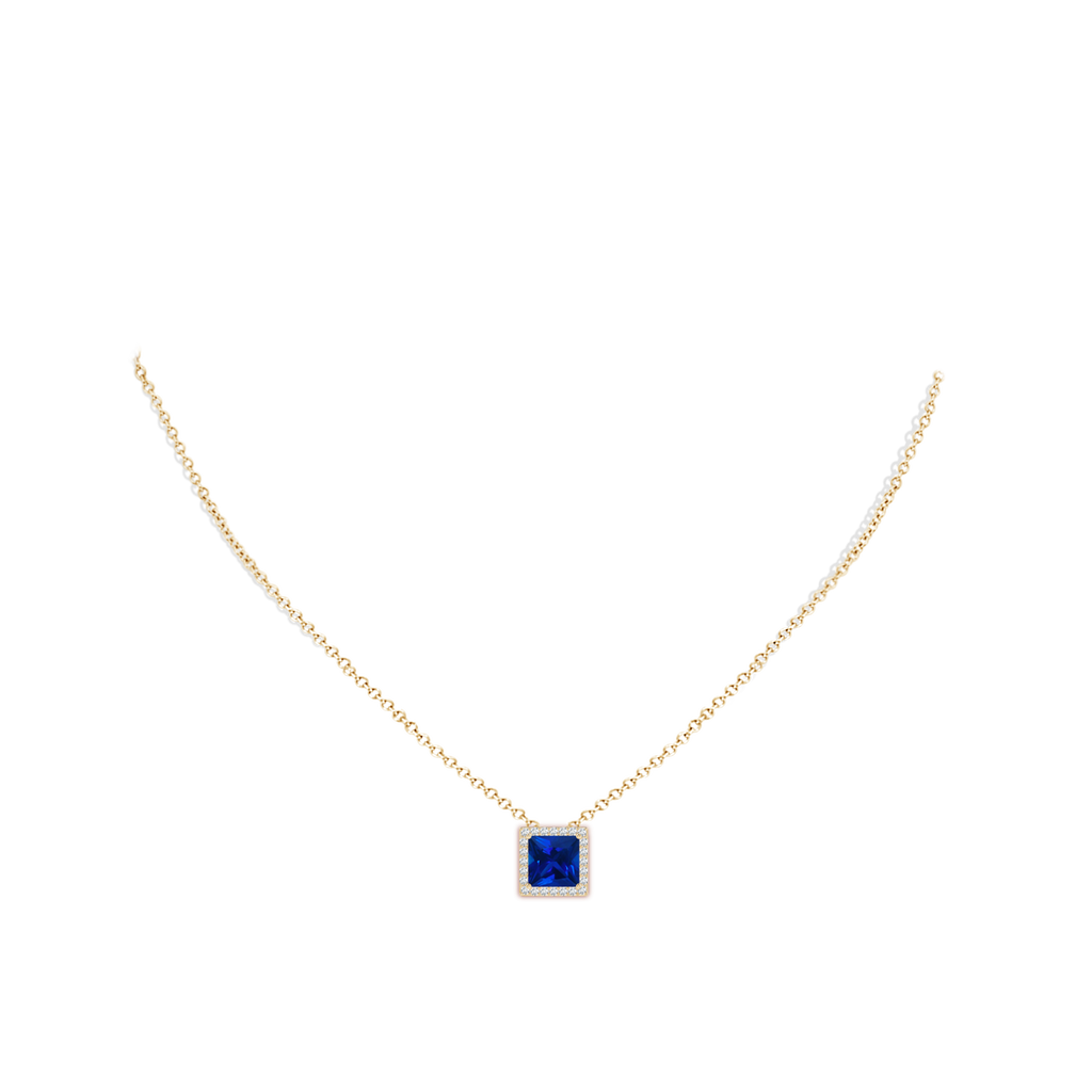 8mm Labgrown Vintage Inspired Square Lab-Grown Blue Sapphire Halo Pendant in Yellow Gold pen