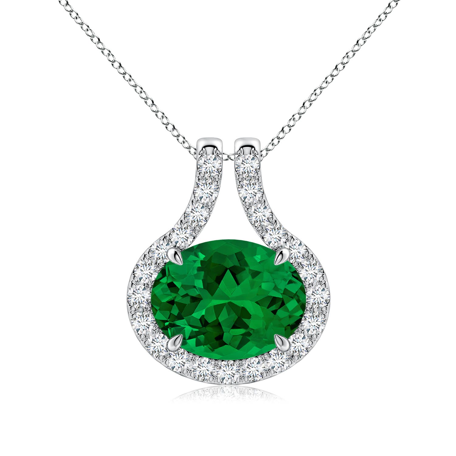 9x7mm Labgrown East-West Oval Lab-Grown Emerald Open Halo Pendant in White Gold