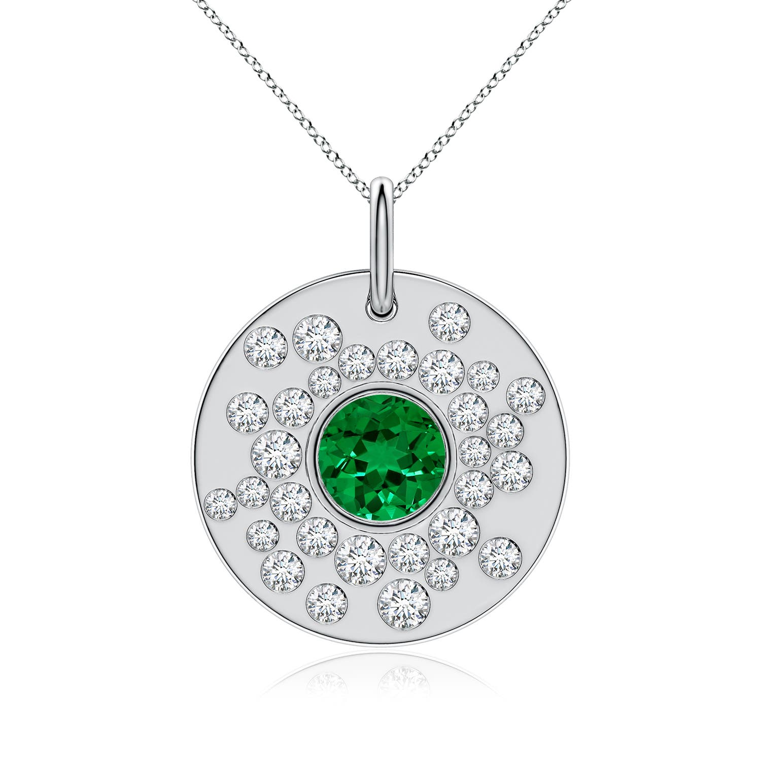 7mm Labgrown Bezel-Set Round Lab-Grown Emerald Sunburst Pendant in 18CT White Gold