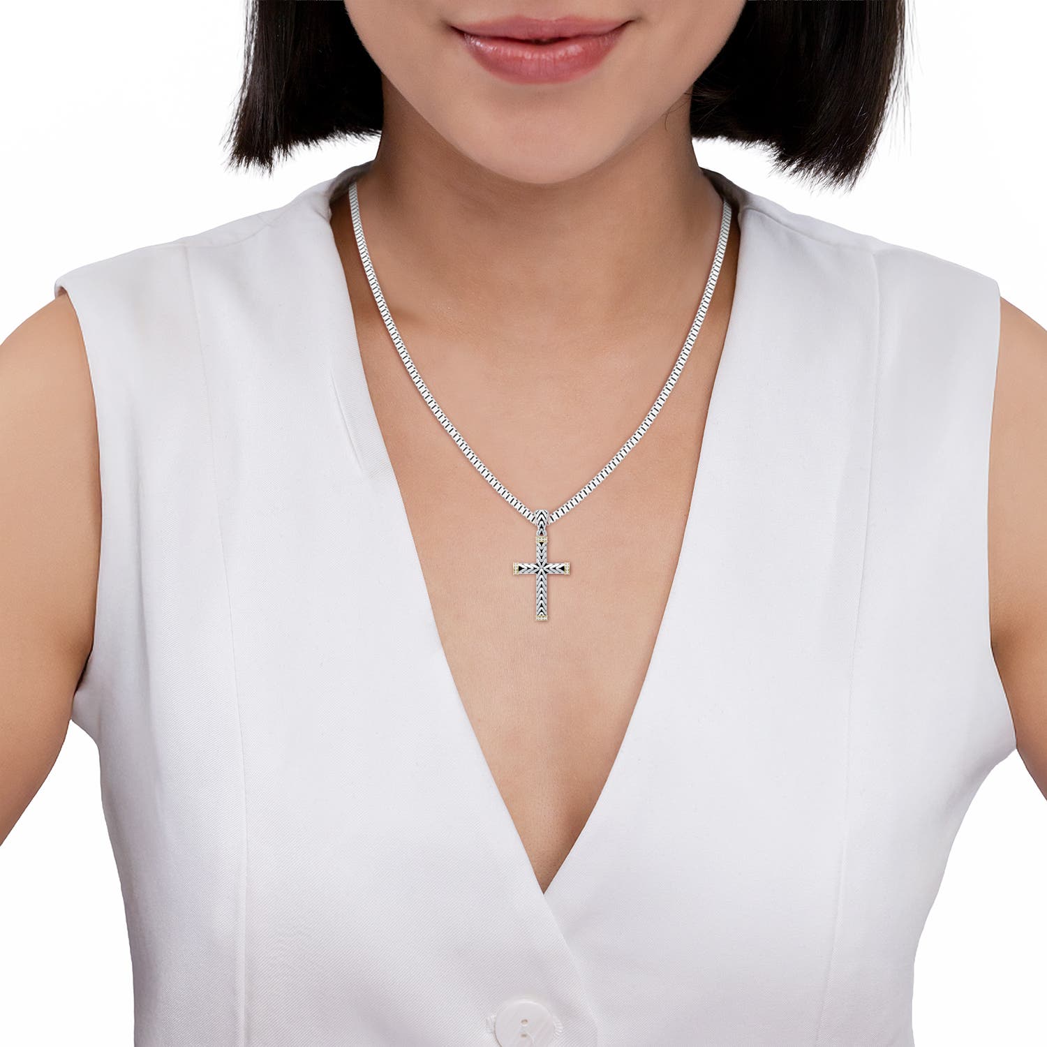 1mm FGVS Oxidized Sterling Silver and 18CT Yellow Gold Lab-Grown Diamond Cross Pendant in  Sterling Silver & 18CT Yellow Gold - body_view 6