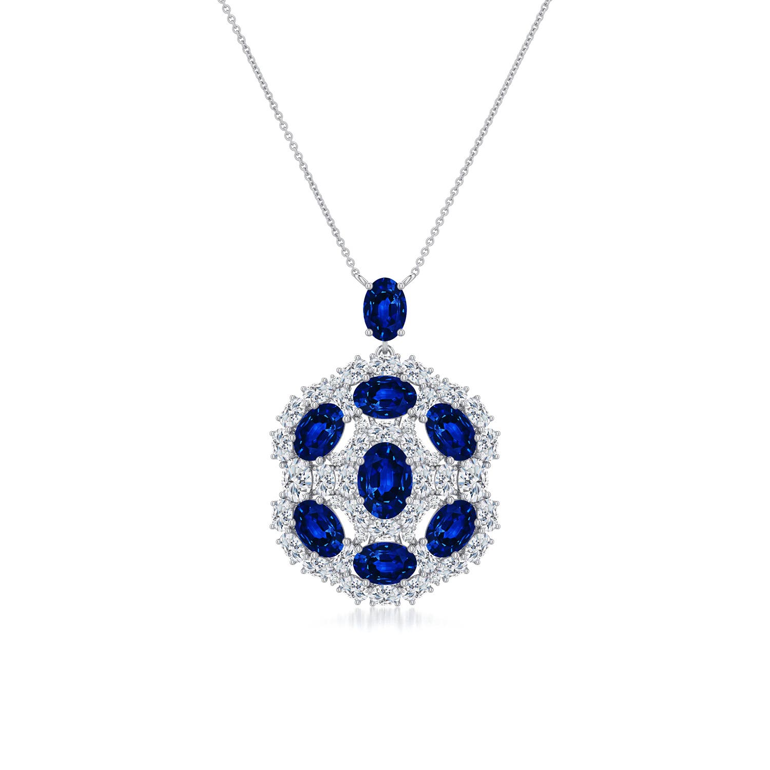 7x5mm Labgrown Oval Lab-Grown Blue Sapphire Layered Halo Pendant in White Gold - main