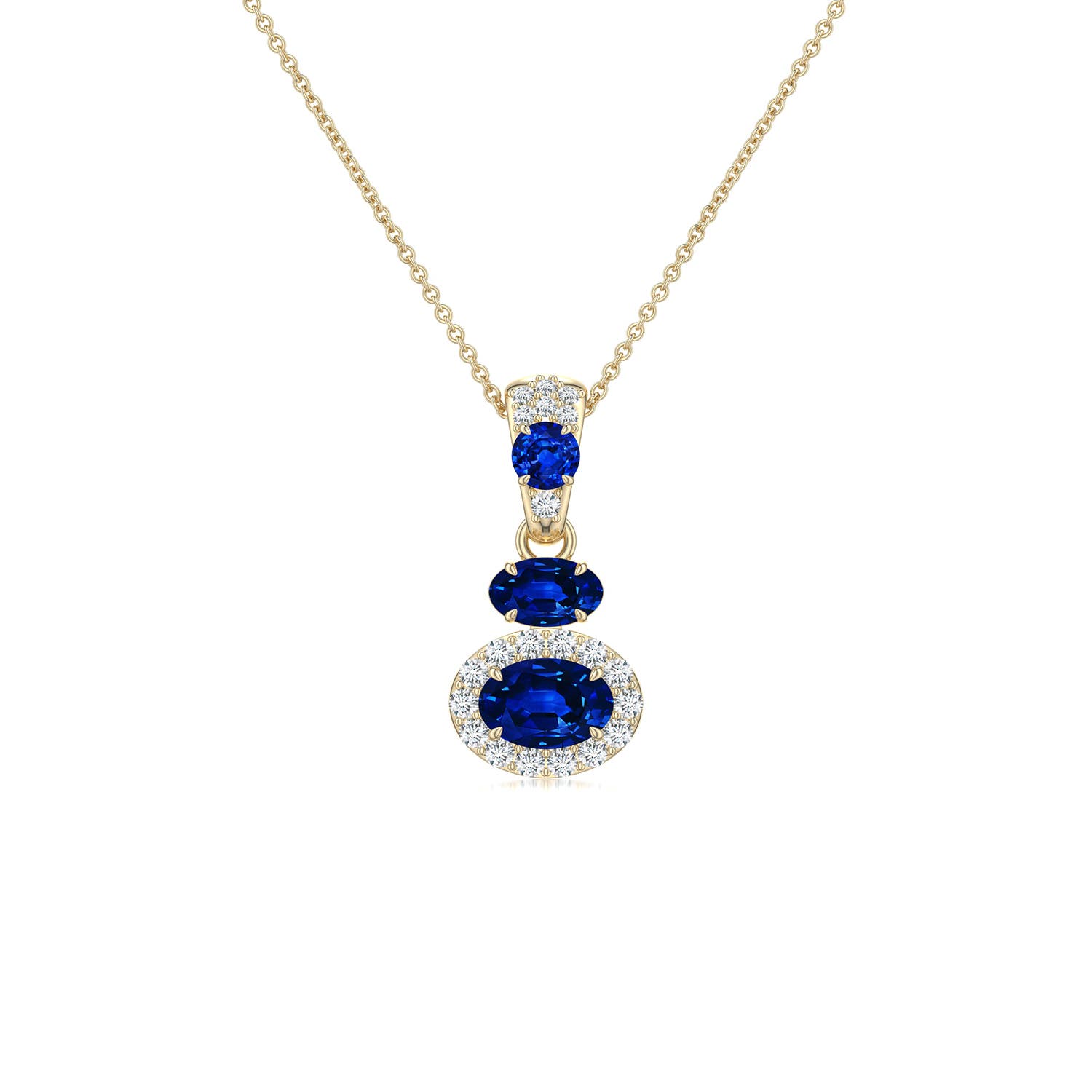 6x4mm Labgrown East-West Oval Lab-Grown Blue Sapphire Halo Drop Pendant in Yellow Gold