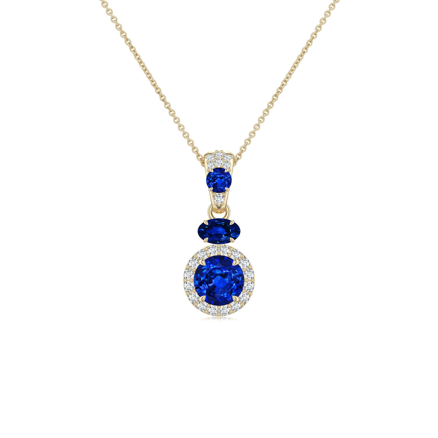 6mm Labgrown Claw Prong Round Lab-Grown Blue Sapphire Halo Drop Pendant in Yellow Gold